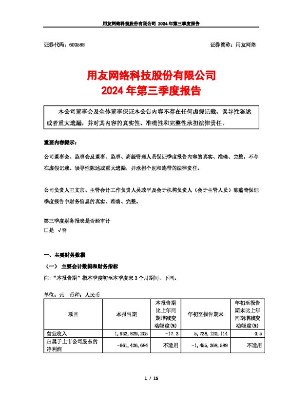 用友网络: 用友网络2024年第三季度报告