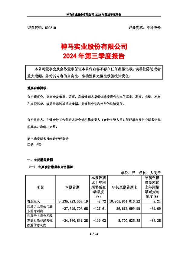 神马股份:神马股份2024年第三季度报告