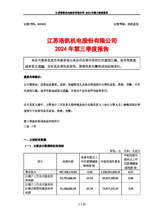 洛凯股份:洛凯股份:2024年第三季度报告