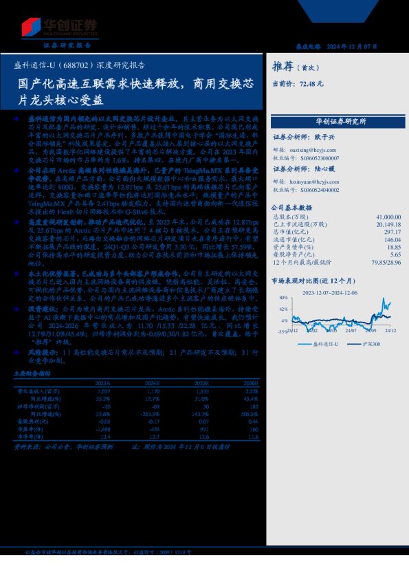 盛科通信U(688702)深度研究报告:国产化高速互联需求快速释放,商用交换芯片龙头核心受益