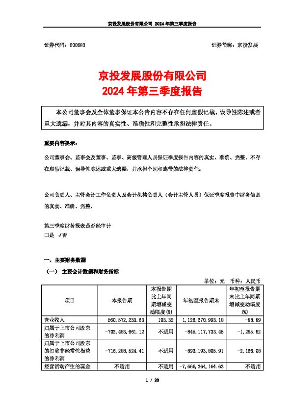京投发展：京投发展股份有限公司2024年第三季度报告（更正后）