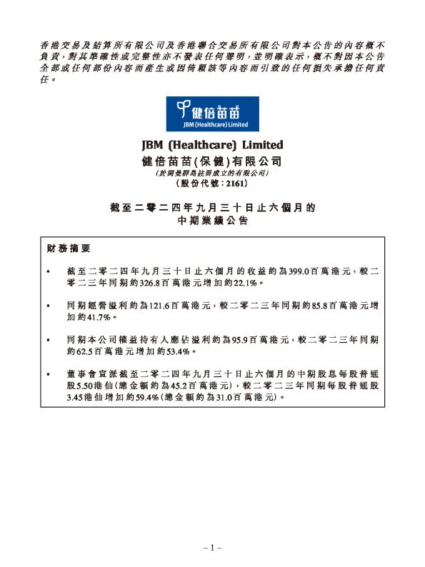 健倍苗苗:截至二零二四年九月三十日止六个月的中期业绩公告