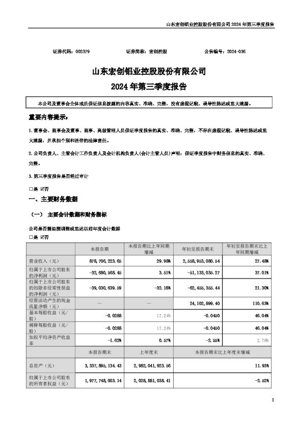 宏创控股:2024年三季度报告