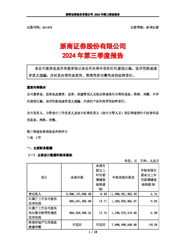 浙商证券:浙商证券股份有限公司2024年第三季度报告