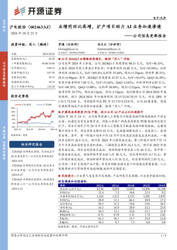 公司信息更新报告:业绩同环比高增,扩产项目助力AI业务加速渗透