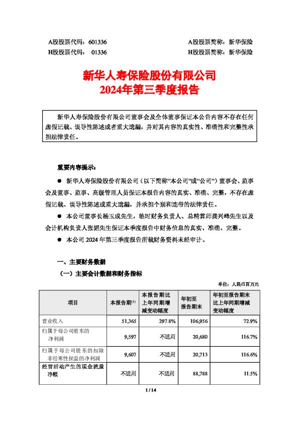 新华保险:新华保险2024年第三季度报告