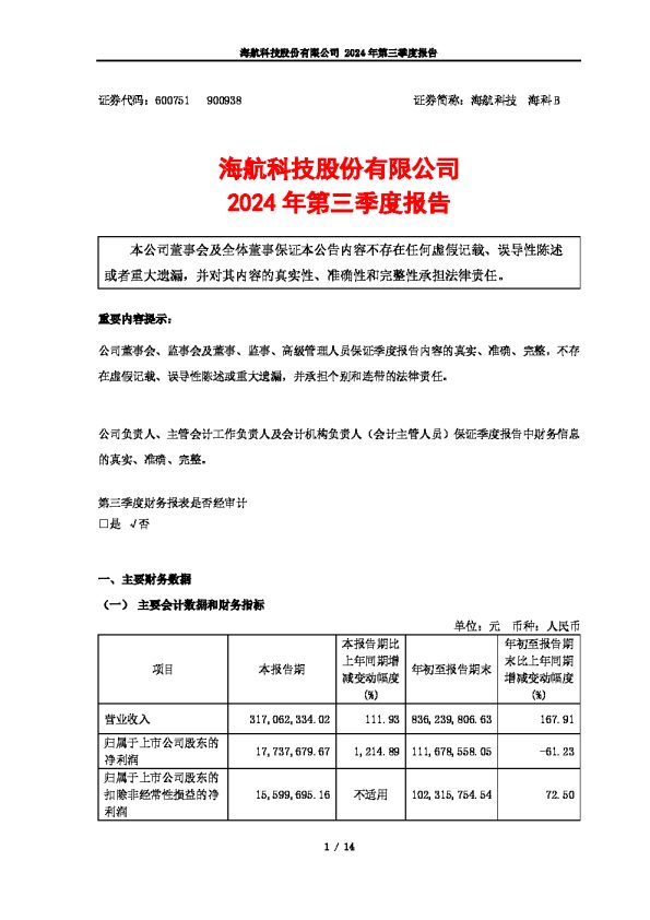 海航科技:海航科技股份有限公司2024年第三季度报告