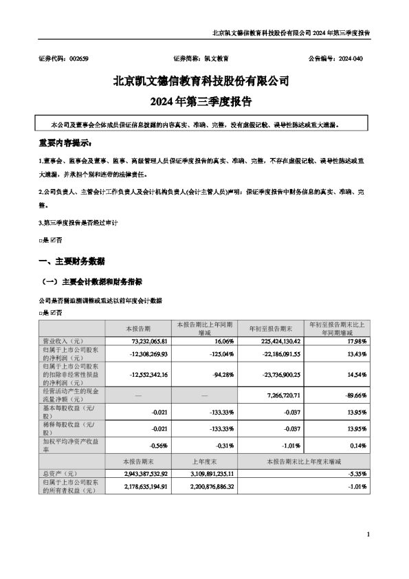 凯文教育:2024年三季度报告