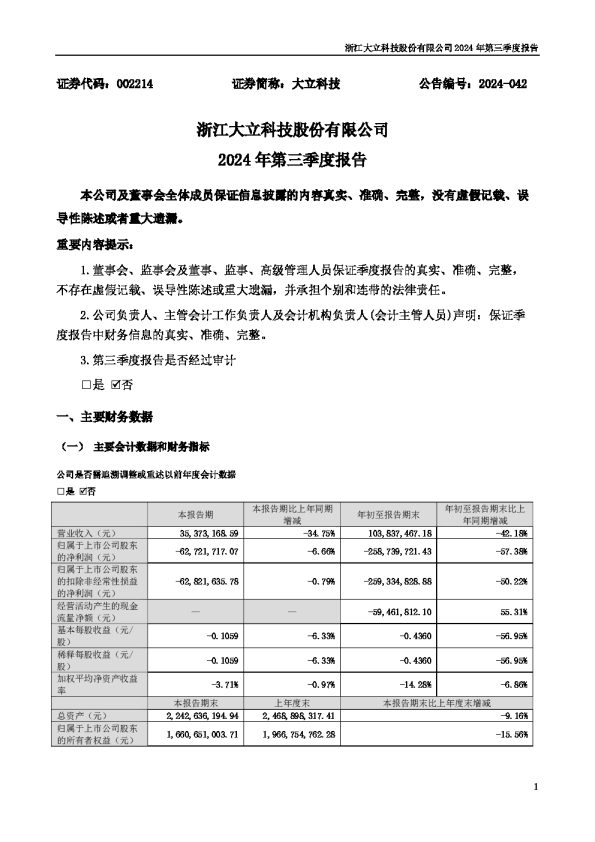 大立科技:2024年三季度报告