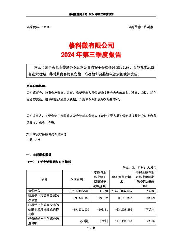 格科微:格科微有限公司2024年第三季度报告