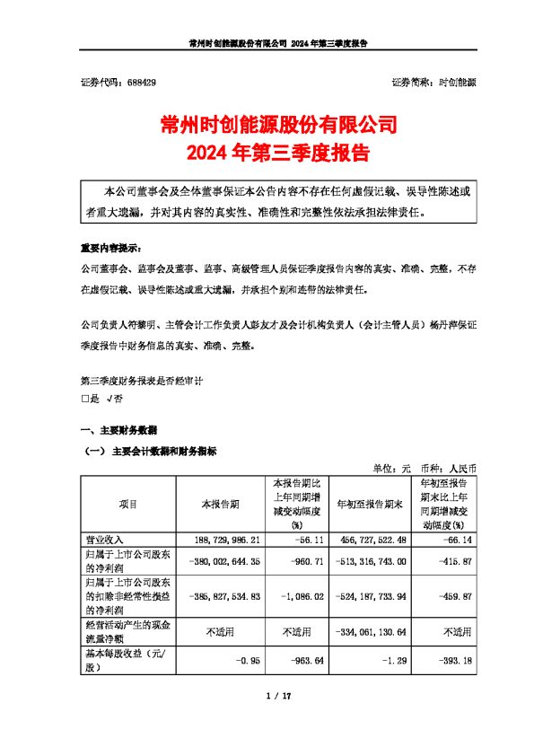时创能源:常州时创能源股份有限公司2024年第三季度报告
