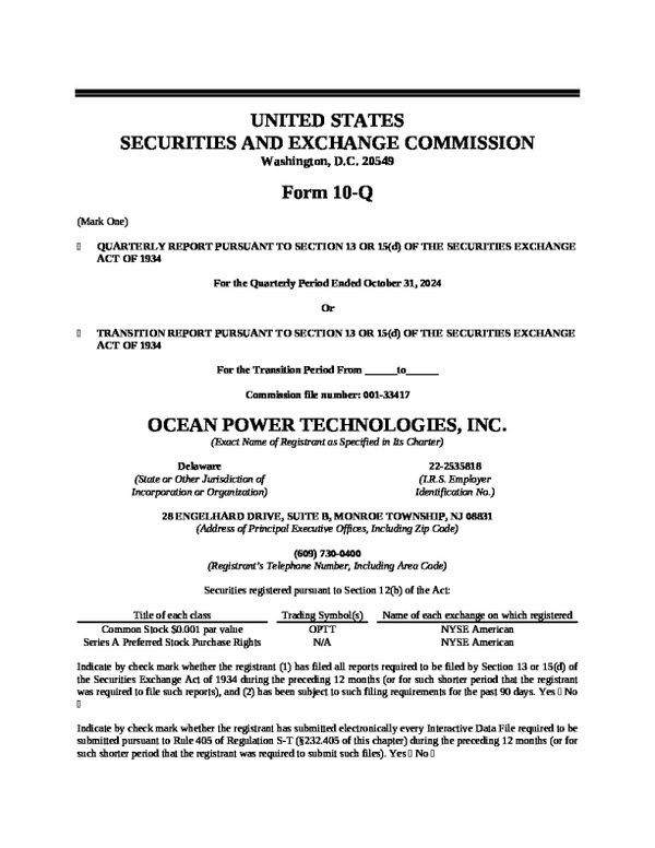 Ocean Power Technologies Inc 2024 年年度报告