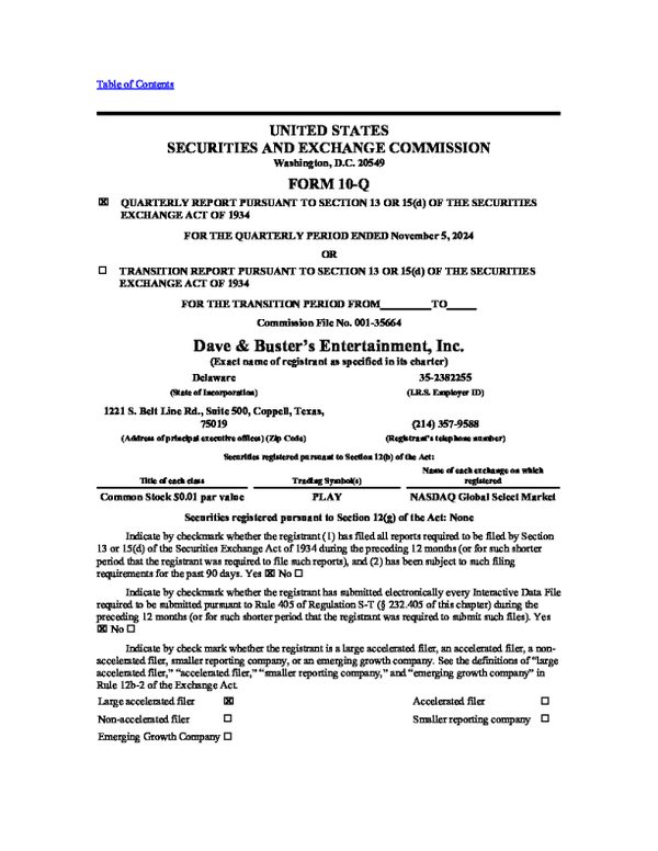 Dave & Buster 's Entertainment Inc 2024 年年度报告