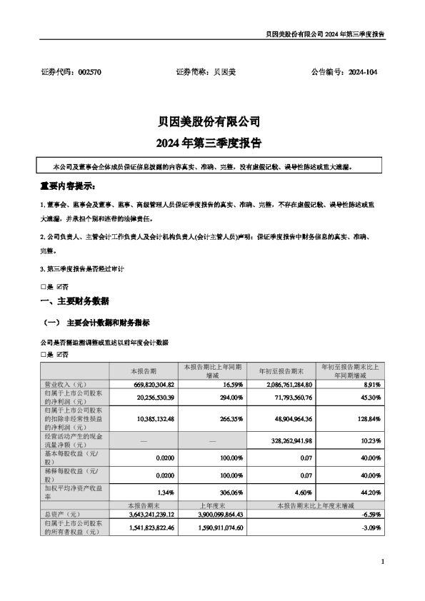 贝因美:2024年三季度报告