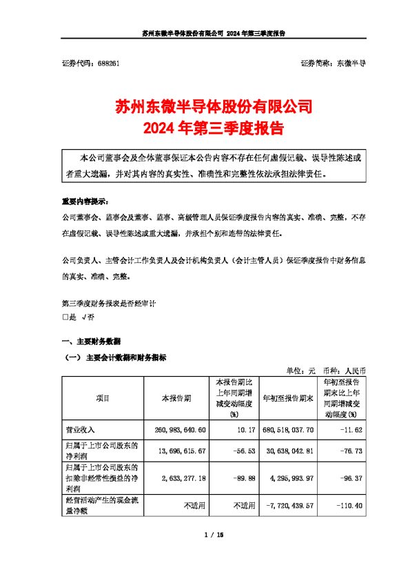东微半导:苏州东微半导体股份有限公司2024年第三季度报告