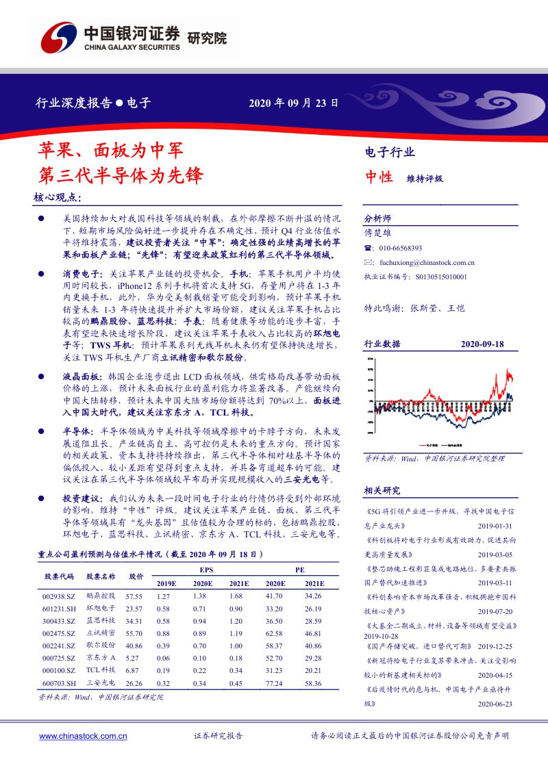 研报电子行业苹果面板为中军第三代半导体为先锋-