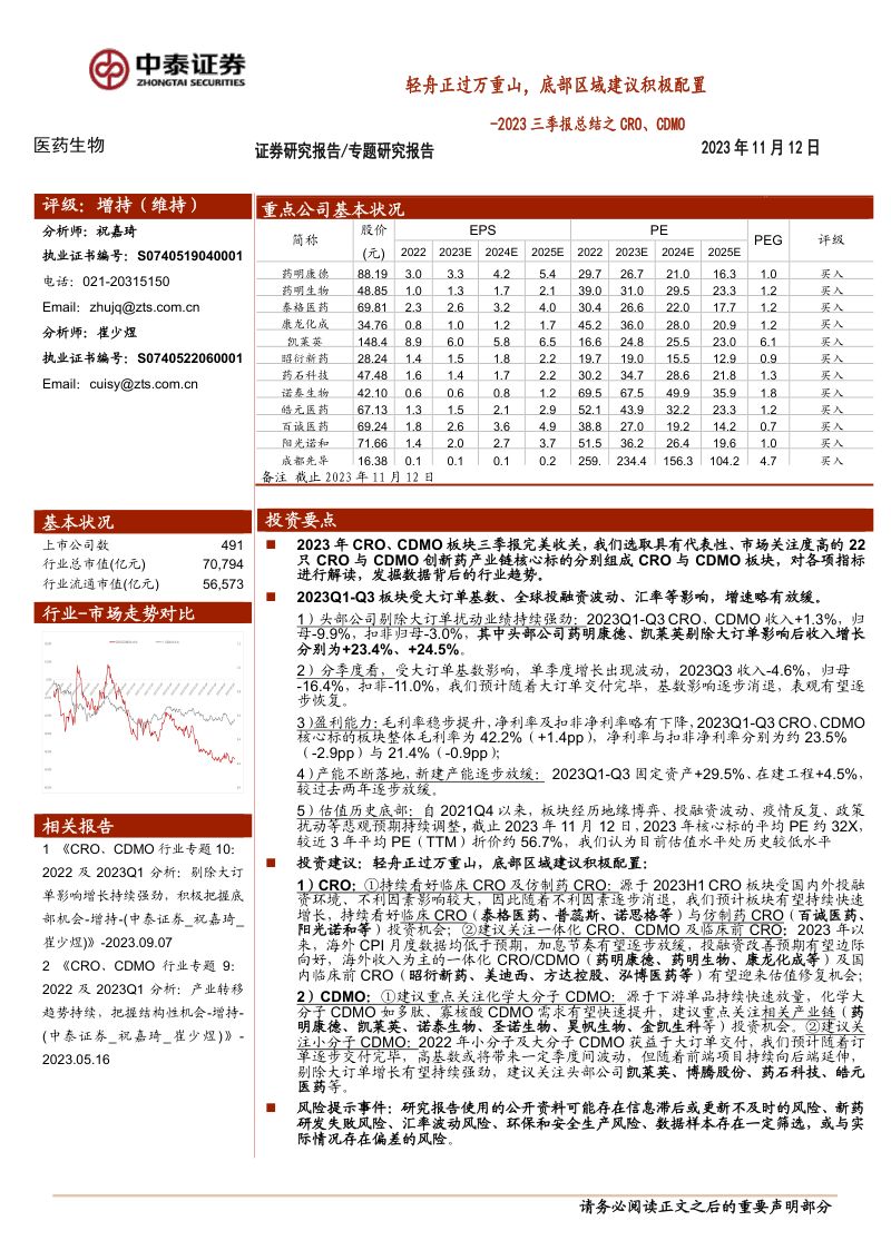医药生物行业2023三季报总结之CRO、CDMO：轻舟正过万重山，底部区域建议积极配置