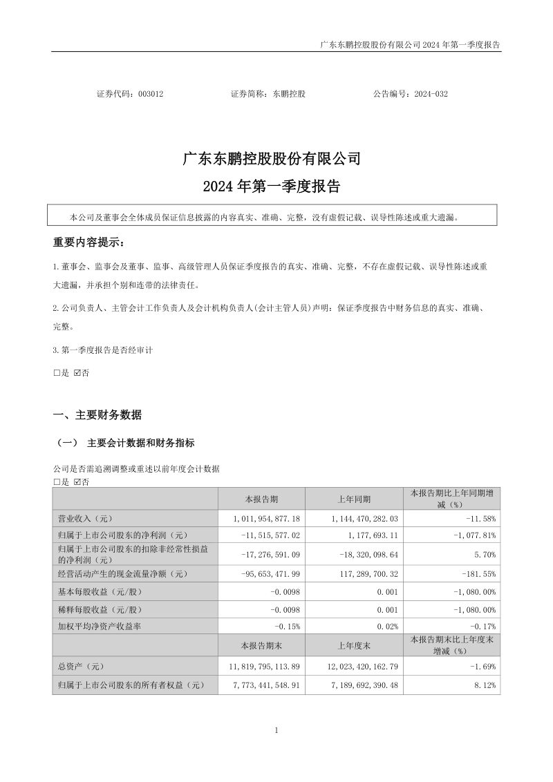 东鹏控股:2024年一季度报告