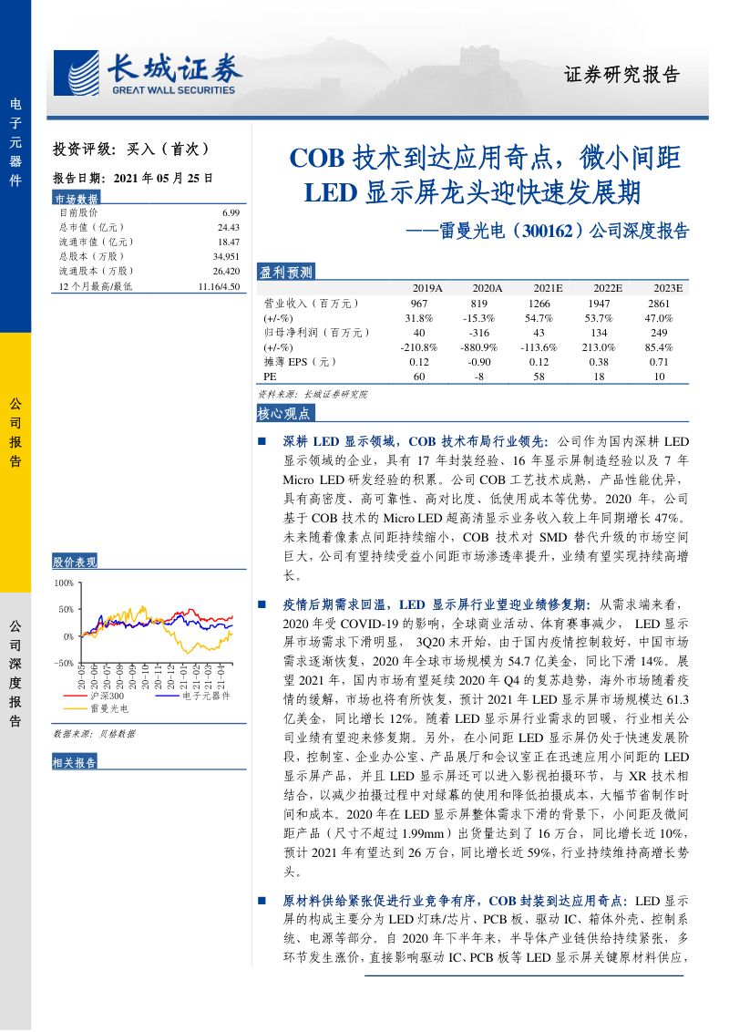 公司研究雷曼光电-公司深度报告COB技术到达应用奇点微小间距LED显示屏龙头迎快速发展期-