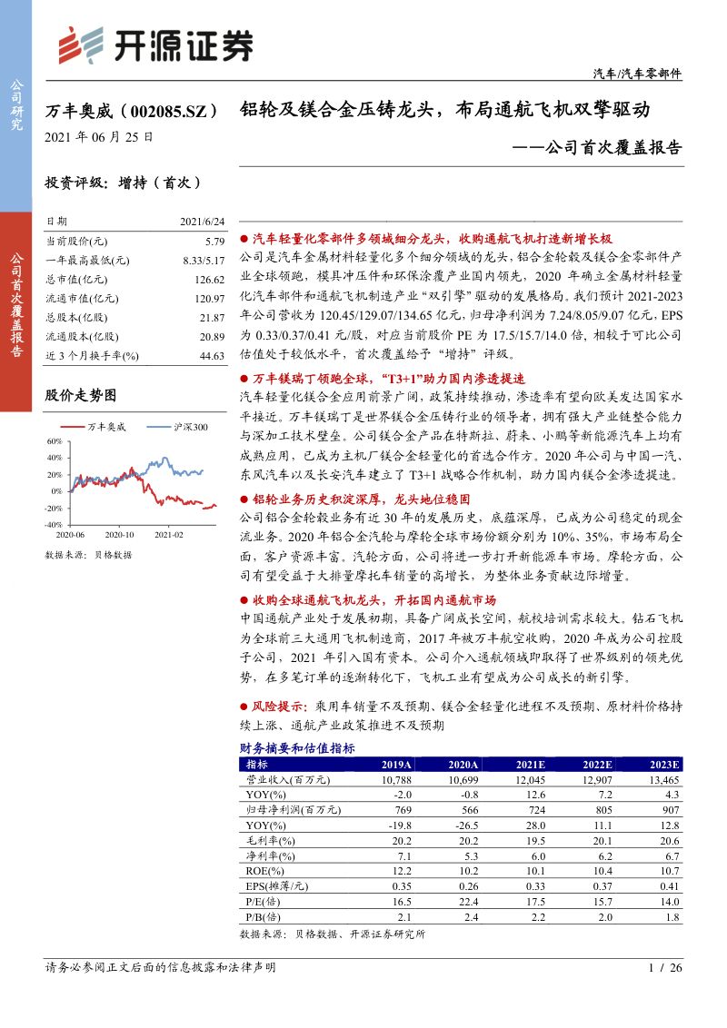 公司研究万丰奥威-公司首次覆盖报告铝轮及镁合金压铸龙头布局通航飞机双擎驱动-