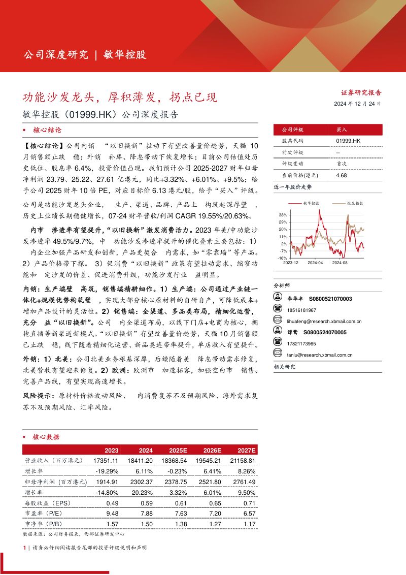 敏华控股(1999.HK)公司深度报告:功能沙发龙头,厚积薄发,拐点已现