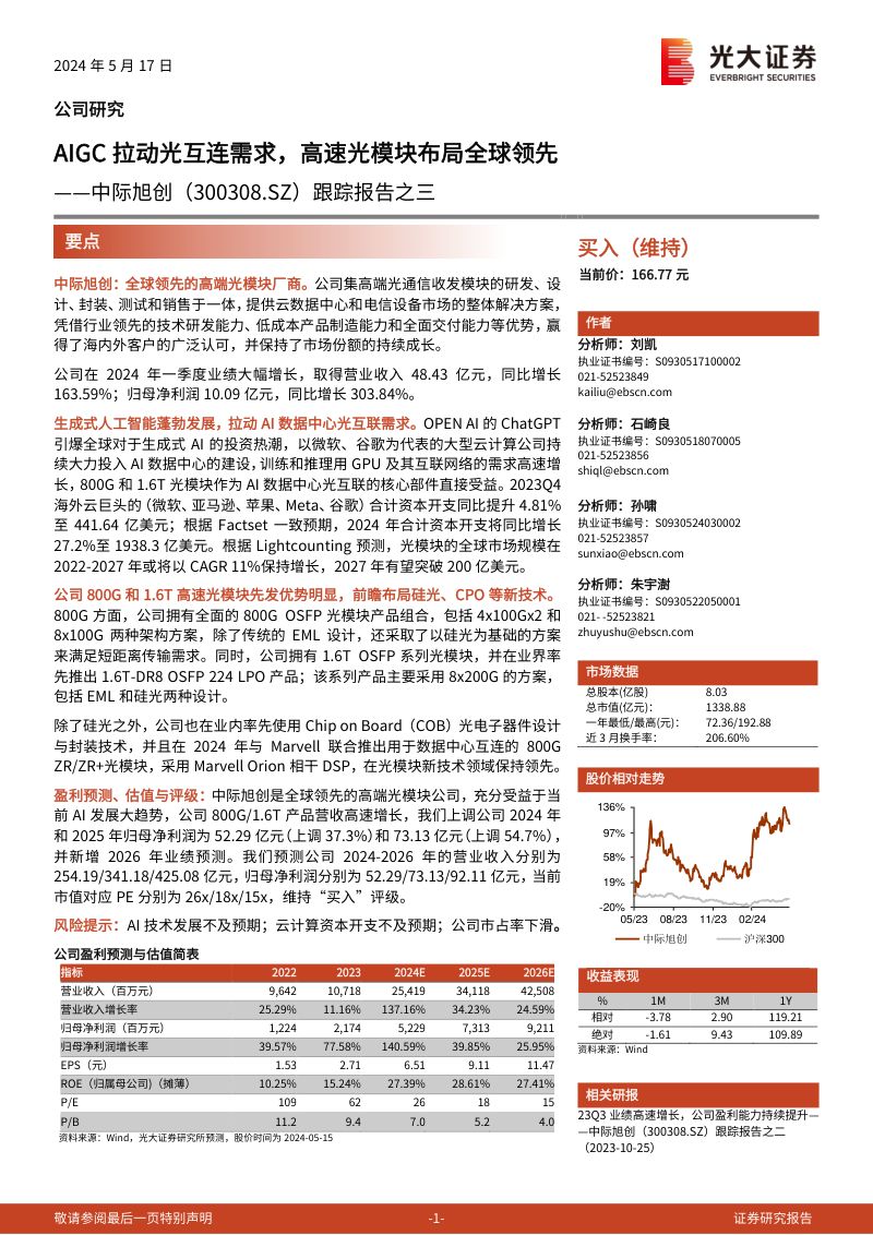 中际旭创-公司研究跟踪报告之三AIGC拉动光互连需求高速光模块布局全球领先-
