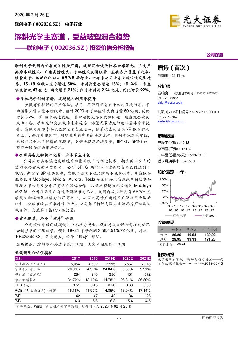 公司研究联创电子-投资价值分析报告深耕光学主赛道受益玻塑混合趋势-