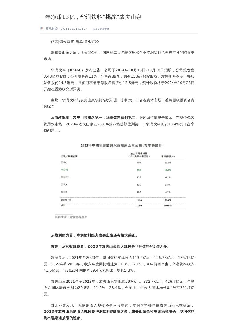 一年净赚13亿，华润饮料“挑战”农夫山泉
