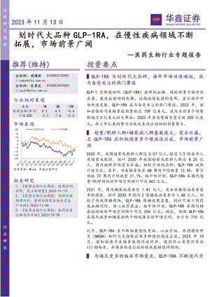 医药生物行业专题报告： 划时代大品种GLP~1RA在慢性疾病领域不断拓展市场前景广阔-231113（49页）