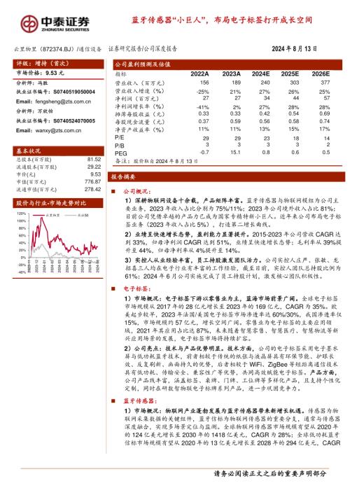 云里物里-公司深度报告：蓝牙传感器“小巨人”布局电子标签打开成长空间-240813（26页）