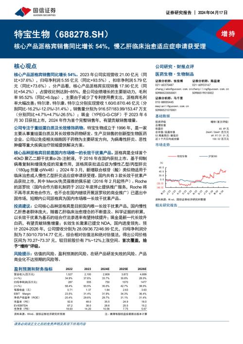 特宝生物-公司研究报告-核心产品派格宾销售同比增长54%慢乙肝临床治愈适应症申请获受理-240417（17页）