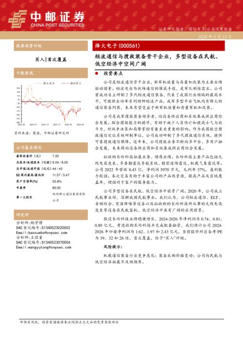 烽火电子-公司研究报告-短波通信与搜救装备骨干企业多型设备在民航、低空经济中空间广阔-240513（23页）