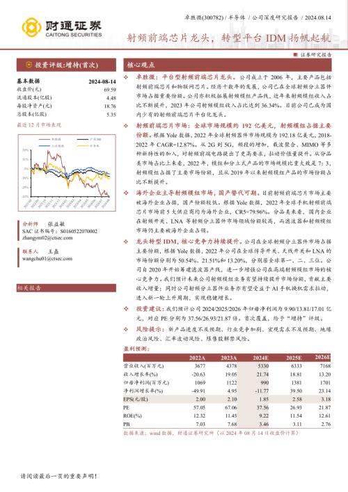 卓胜微-公司研究报告-射频前端芯片龙头转型平台IDM扬帆起航-240814（28页）