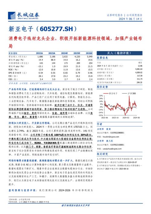 新亚电子-公司研究报告-消费电子线材龙头企业积极开拓新能源科技领域加强产业链布局-240614（24页）