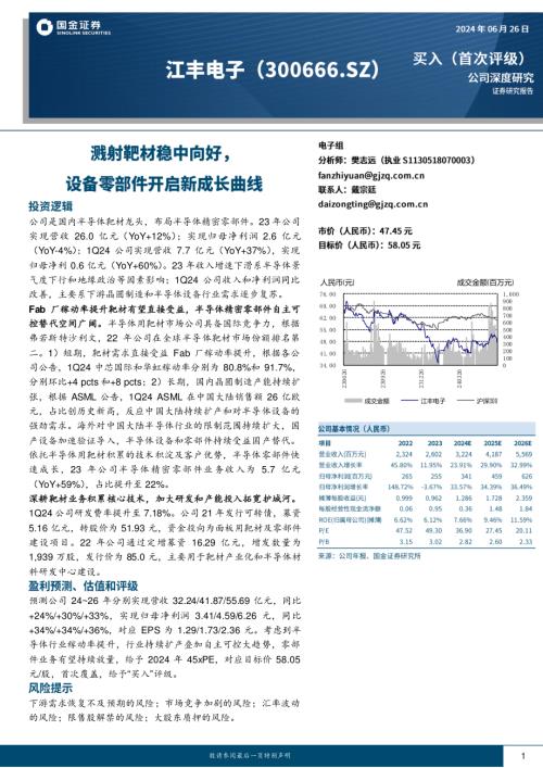 江丰电子-公司研究报告-溅射靶材稳中向好设备零部件开启新成长曲线-240626（22页）