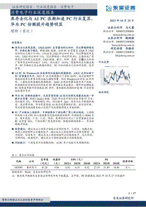 消费电子行业深度报告：库存去化与AI PC浪潮加速PC行业复苏华为PC份额提升趋势明显-231029（17页）