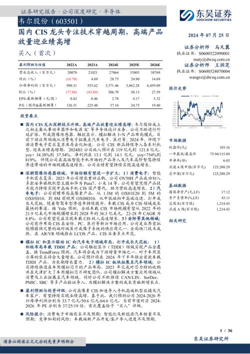 韦尔股份-公司研究报告-国内CIS龙头专注技术穿越周期高端产品放量迎业绩高增-240725（36页）