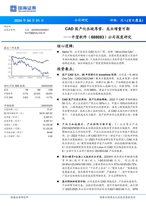 中望软件-公司深度研究：CAD国产化长坡厚雪龙头增量可期-240401（39页）