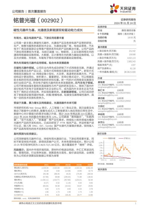 铭普光磁-公司研究报告-磁性元器件为基光通信及新能源双轮驱动助力成长-240124（19页）