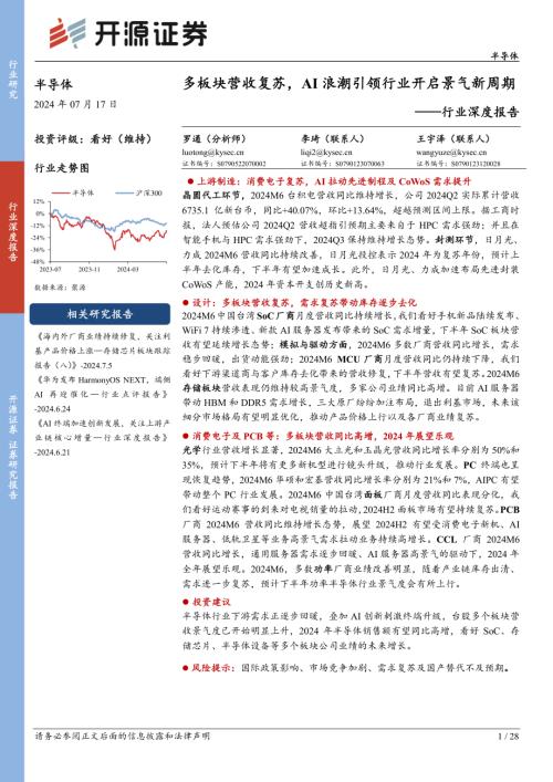 半导体行业深度报告：多板块营收复苏AI浪潮引领行业开启景气新周期-240717（28页）