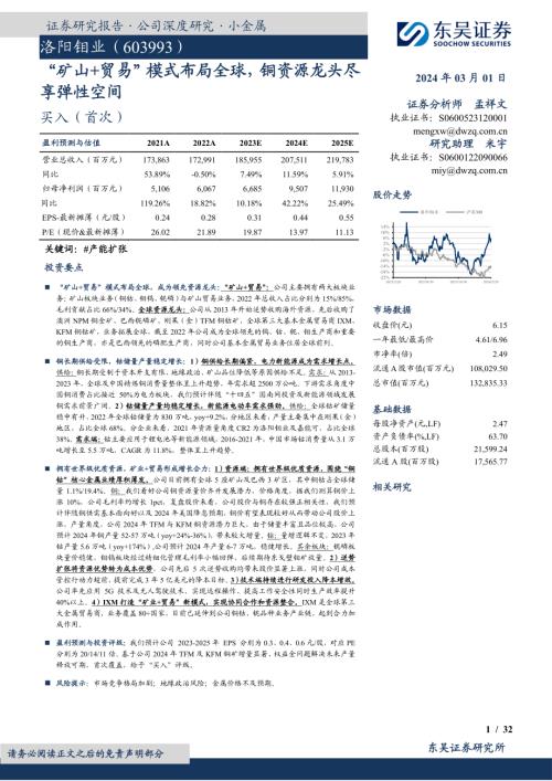 洛阳钼业-公司研究报告-“矿山+贸易”模式布局全球铜资源龙头尽享弹性空间-240301(32页)
