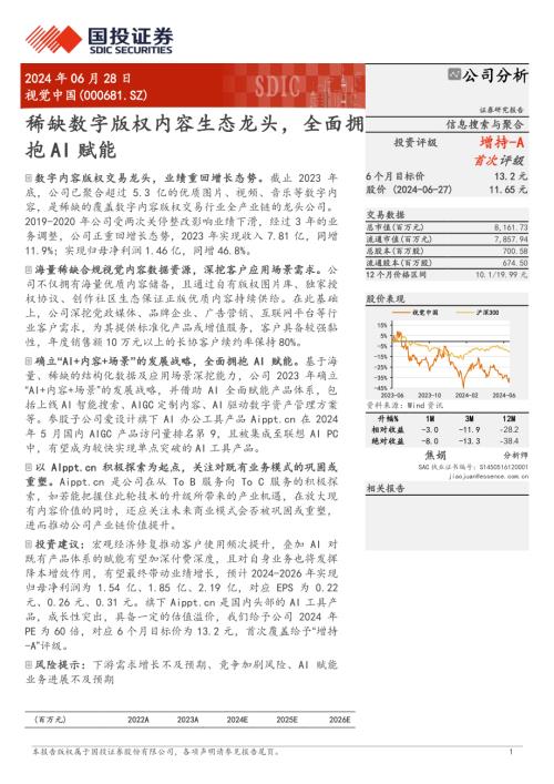 视觉中国-公司研究报告-稀缺数字版权内容生态龙头全面拥抱AI赋能-240628（18页）