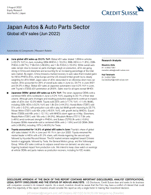 瑞信银行（Credit Suisse）：亚太投资策略-2022年日本汽车及零部件行业-全球全电动车销量分析报告（英文版）（9页）