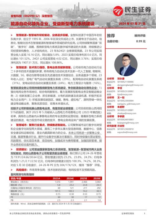 金智科技-公司深度报告：能源自动化领先企业受益新型电力系统建设-240531（20页）