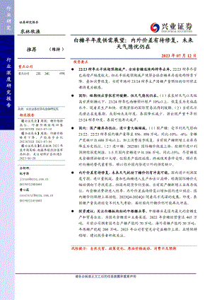 农林牧渔行业白糖半年度供需展望：内外价差有待修复未来天气隐忧仍在-230712（20页）