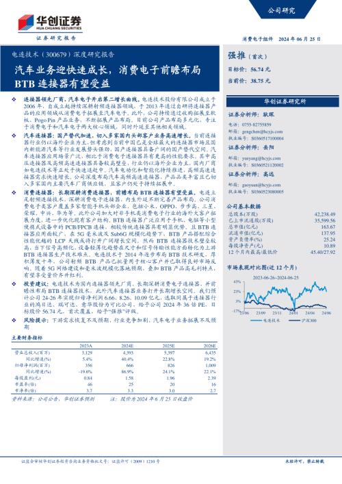 电连技术-港股公司深度研究报告：汽车业务迎快速成长消费电子前瞻布局BTB连接器有望受益-240625（33页）