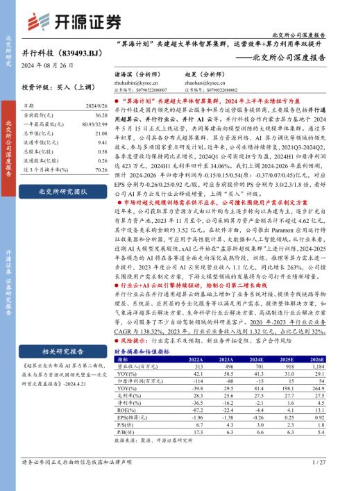 并行科技-北交所公司深度报告：“算海计划”共建超大单体智算集群运营效率+算力利用率双提升-240826（27页）