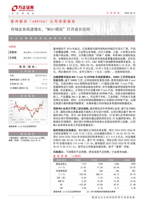 普冉股份-公司深度报告;存储业务高速增长“MCU+模拟”打开成长空间-240621(26页)