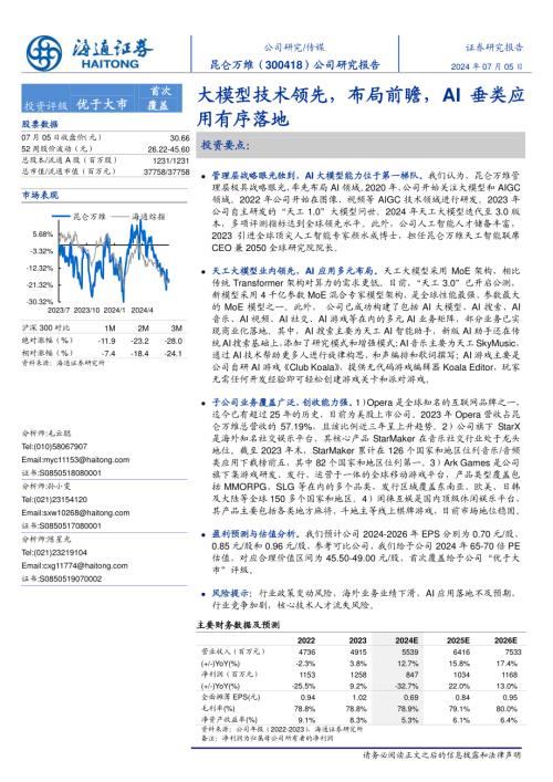 昆仑万维-公司研究报告-大模型技术领先布局前瞻AI垂类应用有序落地-240705（20页）
