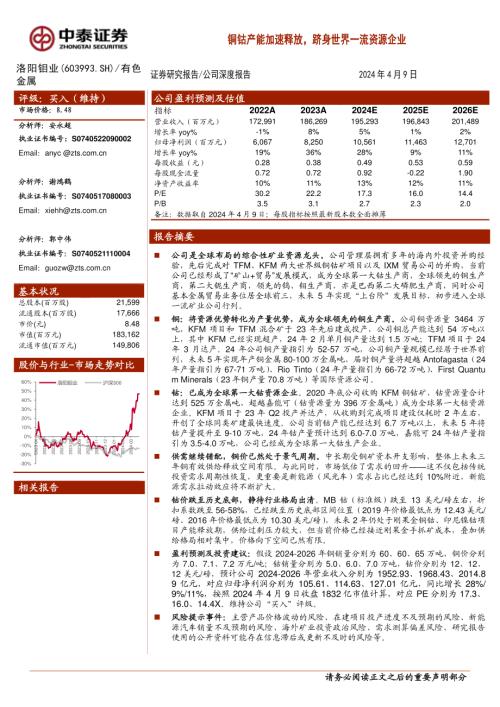 洛阳钼业-公司研究报告-铜钴产能加速释放跻身世界一流资源企业-240409(28页)